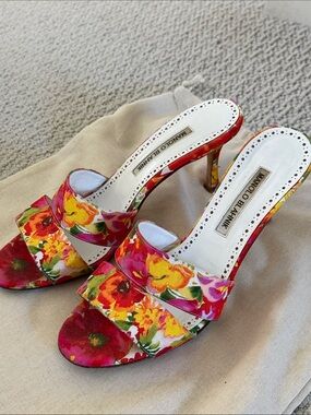 Manolo Blahnik Multicolor Floral Open-Toe Mule Heels